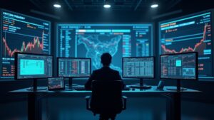 Photorealistic news-room operator, in front of glass; screens with altcoin declines and automatic liquidations.