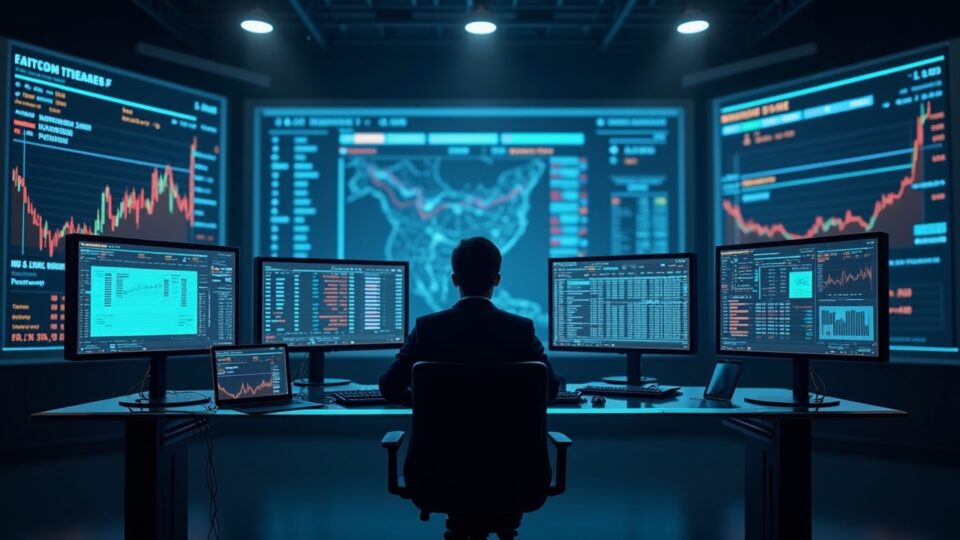 Photorealistic news-room operator, in front of glass; screens with altcoin declines and automatic liquidations.