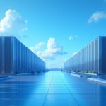 Photorealistic data center campus transitioning from crypto mining to AI HPC, with blue hues and subtle Google branding.