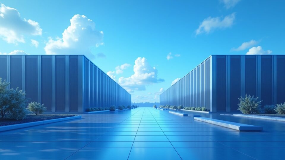 Photorealistic data center campus transitioning from crypto mining to AI HPC, with blue hues and subtle Google branding.