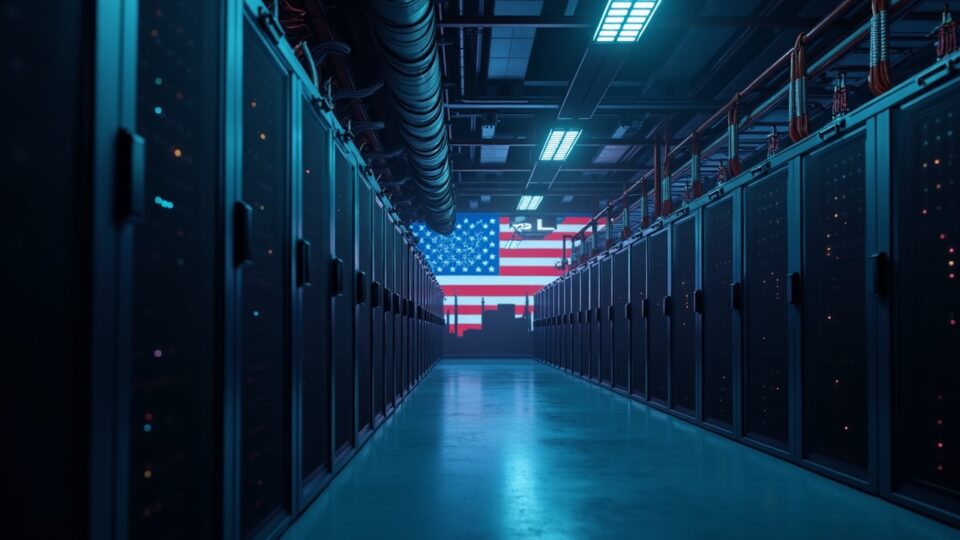 Data center with Avalon A15 Pro miners, cooling towers and cables, rising stock chart and U.S. flag.
