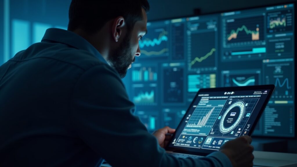 News analyst in front of a DeFi dashboard with vulnerable contracts and flash loans, facing regulatory pressure.