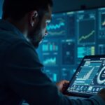 News analyst in front of a DeFi dashboard with vulnerable contracts and flash loans, facing regulatory pressure.