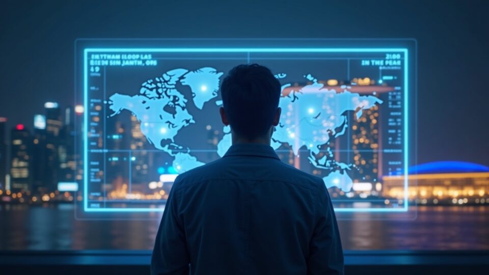 Trader in front of a luminous hologram of the DeFi roadmap, Singapore skyline in the background.