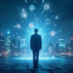 Financial analyst in the foreground; holographic stablecoins and tokenized assets emerging from a digital ledger.