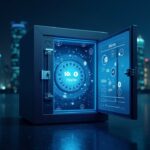 Secure digital vault center with floating token icons, Ripple and Absa logos, MPC and HSM, Johannesburg skyline