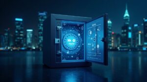 Secure digital vault center with floating token icons, Ripple and Absa logos, MPC and HSM, Johannesburg skyline