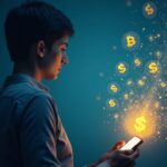 Central figure with smartphone; flows of dollars and stablecoins from banks to a digital vault, symbolizing digital dollarization.
