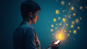 Central figure with smartphone; flows of dollars and stablecoins from banks to a digital vault, symbolizing digital dollarization.