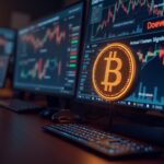 Photorealistic crypto trading desk with DOGE logo and price line 0.194, screens with volatile charts.