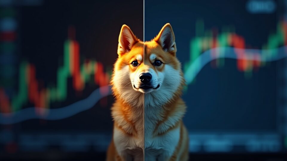 Photorealistic DOGE coin, split screen: chart breaks support; crypto team reviewing risks on the right.
