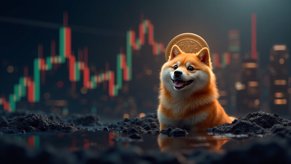 Photorealistic Dogecoin rising over a digital city, with bullish charts and ETF symbols, indicating institutional liquidity.