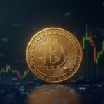 Photorealistic centered Dogecoin coin with a stock chart showing a 13-month low and a small green uptick.