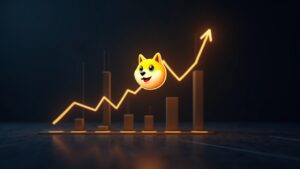 Dogecoin logo breaking through resistance lines on a DeFi dashboard, signaling bullish momentum.