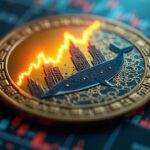 Dogecoin logo, rising chart, whale silhouettes and Nasdaq tower, indicating institutional adoption.
