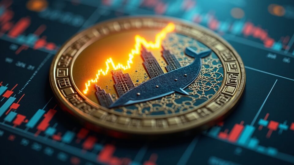 Dogecoin logo, rising chart, whale silhouettes and Nasdaq tower, indicating institutional adoption.