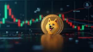 Dogecoin in close-up breaking the $0.21 barrier with a bullish chart and ETF and compliance icons, newsroom style.