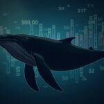 Photorealistic whale over Dogecoin chart near $0.20 USD, background with blockchain code and newsroom glow.