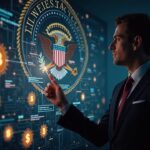 Figure in suit analyzes Bitcoin flows with the DOJ seal in the background.