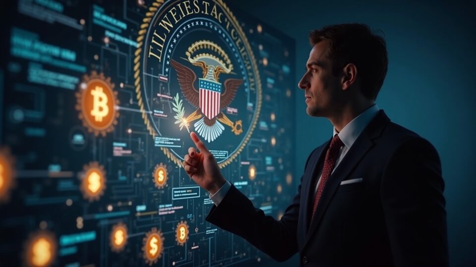 Figure in suit analyzes Bitcoin flows with the DOJ seal in the background.