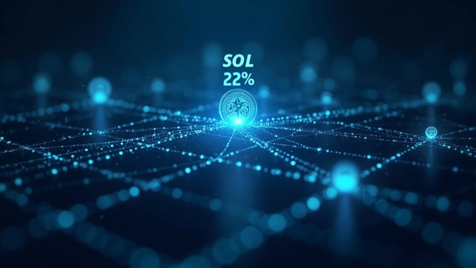 Photorealistic scene of a fiber network connecting validators, with 22% of SOL staked and dzSOL and 2Z symbols floating.
