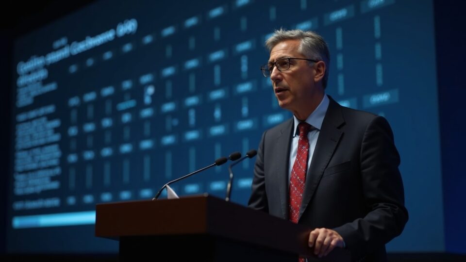 Regulator of the United Kingdom Electoral Commission at a podium, illuminated blockchain ledger, crypto donations.