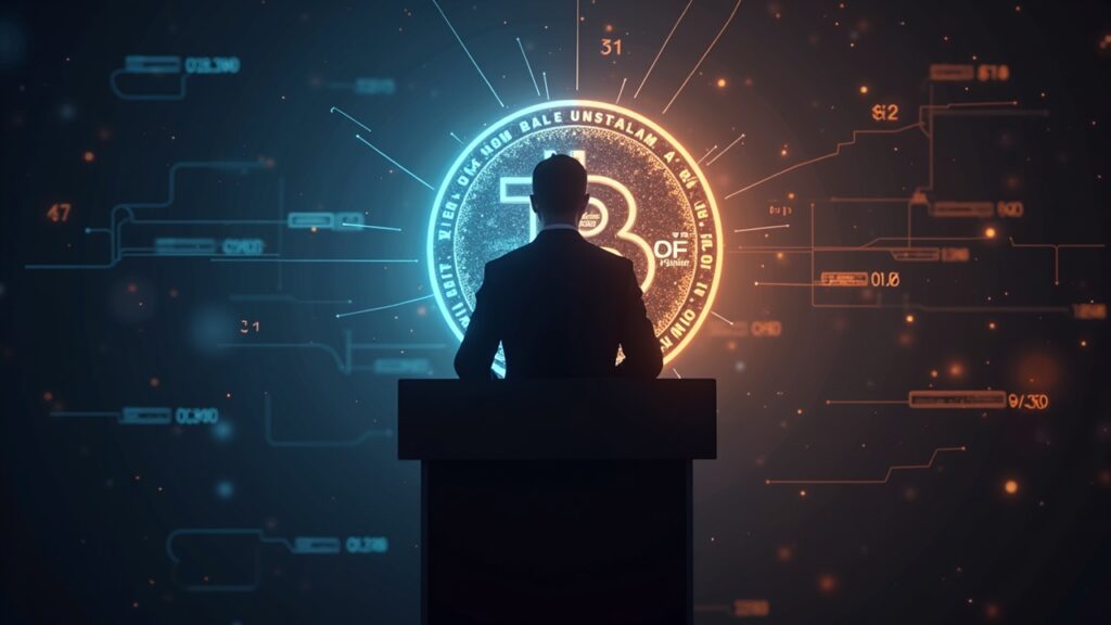 Central figure of a tech leader at a podium, shining Bitcoin, energy grid lines and fiat fading into the background