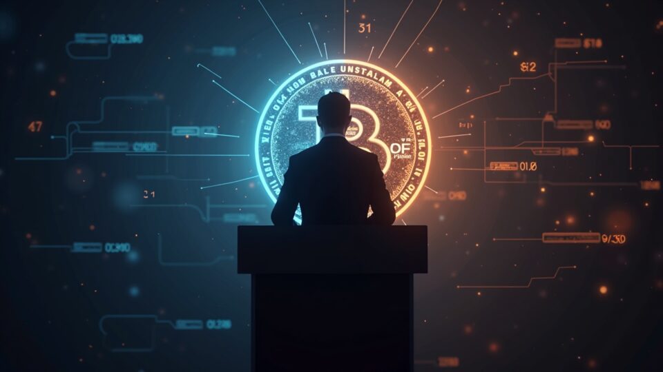 Central figure of a tech leader at a podium, shining Bitcoin, energy grid lines and fiat fading into the background