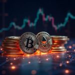 Bitcoin and Ethereum in the foreground over a digital grid, with rising ETF tickers and a bullish chart.