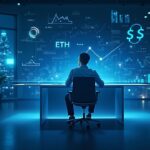 Investor executive before screens with holographic flows of BTC and ETH ETFs, regulatory blue lighting.