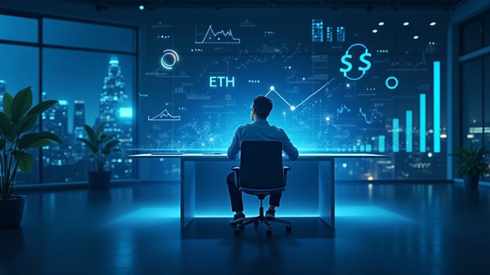 Investor executive before screens with holographic flows of BTC and ETH ETFs, regulatory blue lighting.