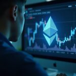 Trader in front of a holographic Ethereum chart, 94% retail longs and institutional accumulation, possible bull trap.
