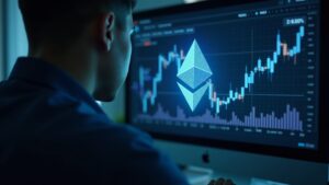 Trader in front of a holographic Ethereum chart, 94% retail longs and institutional accumulation, possible bull trap.