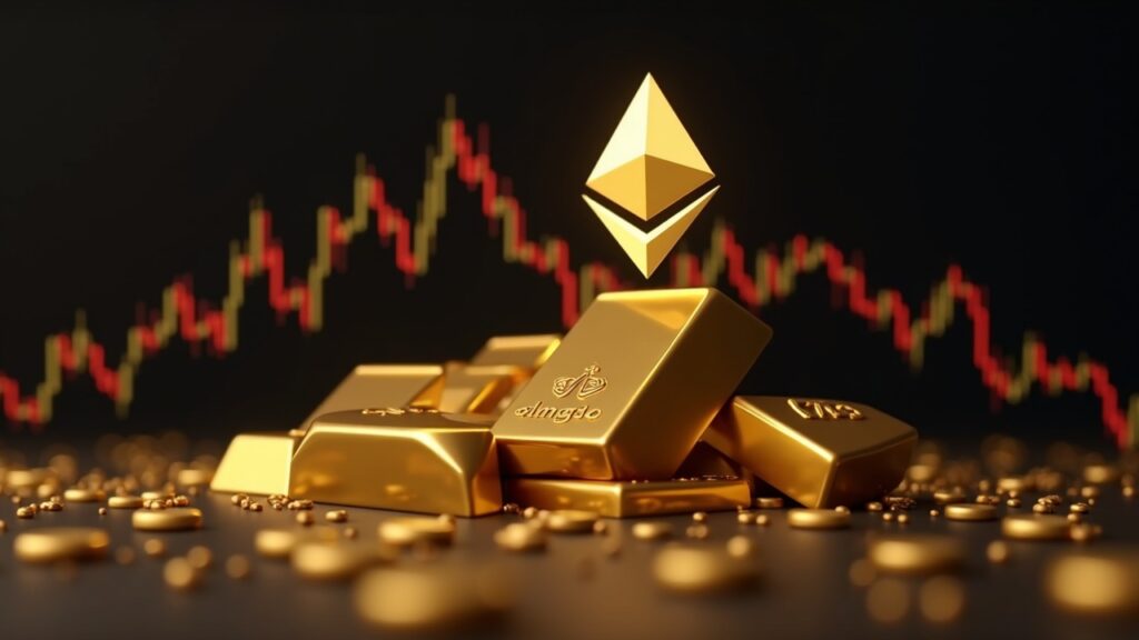 Ascending ETH logo over gold bars, with charts and a MACD histogram to compare momentum between crypto and gold.