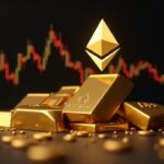 Ascending ETH logo over gold bars, with charts and a MACD histogram to compare momentum between crypto and gold.