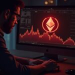 Trader in front of illuminated ETH logo and descending red chart, newsroom background, symbolizing bear market risk.
