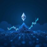 Ethereum rises over a bullish chart toward 12k, with institutional investors in the background and a blue blockchain grid.