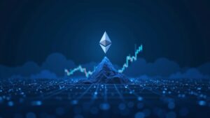 Ethereum rises over a bullish chart toward 12k, with institutional investors in the background and a blue blockchain grid.