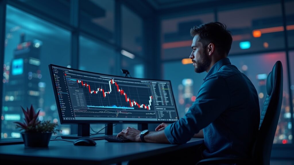 Crypto trader at a desk analyzing ETH at 4,500 with ETH icons and ETF arrows in the background of a newsroom.
