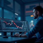 Crypto trader at a desk analyzing ETH at 4,500 with ETH icons and ETF arrows in the background of a newsroom.