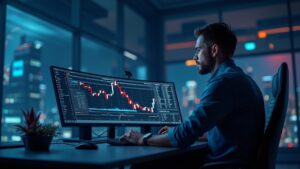 Crypto trader at a desk analyzing ETH at 4,500 with ETH icons and ETF arrows in the background of a newsroom.