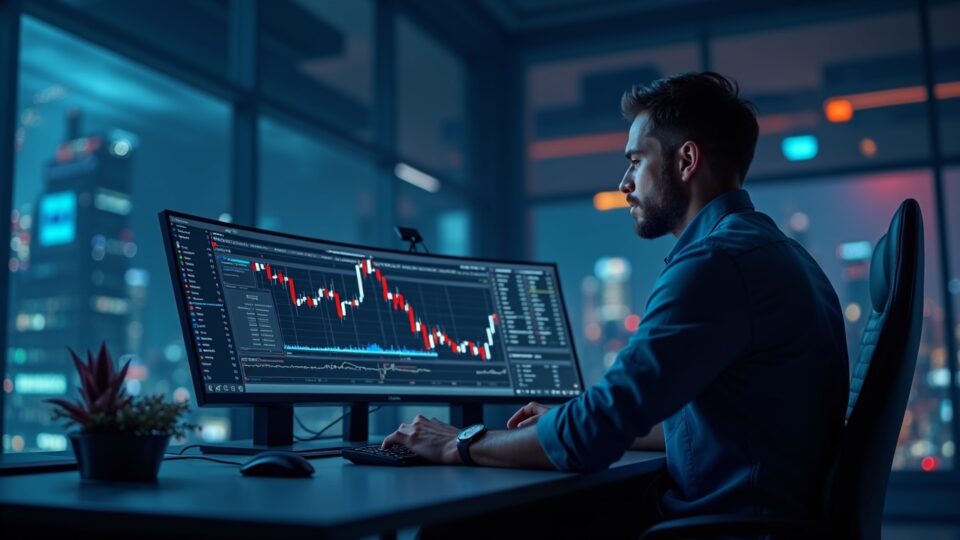 Crypto trader at a desk analyzing ETH at 4,500 with ETH icons and ETF arrows in the background of a newsroom.