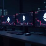 Trading desk scene with ETH decline, Ethereum logo and red liquidation alerts