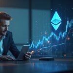 Treasury executive with a bullish stance and a hologram of Ethereum toward $10,000, highlighting staking and institutional demand.