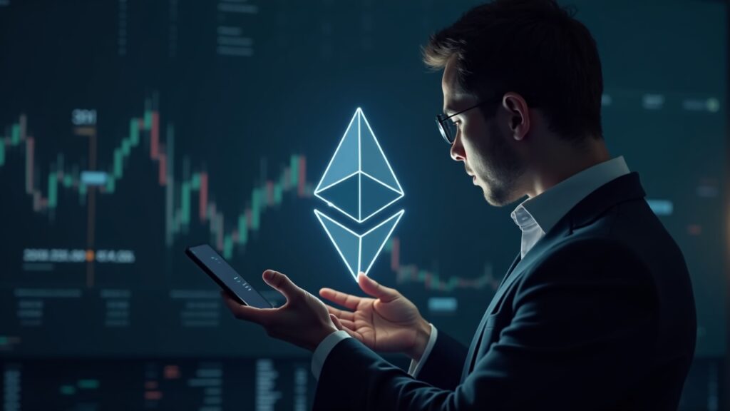 Institutional investor observes the ETH symbol alongside a downward chart below 4000, fintech style.