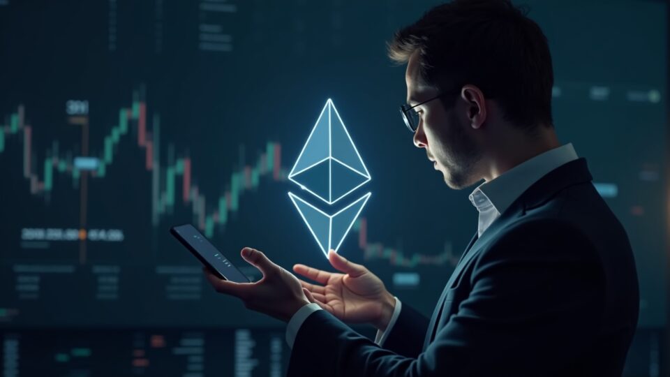 Institutional investor observes the ETH symbol alongside a downward chart below 4000, fintech style.