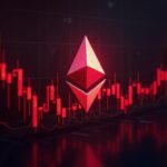 Ethereum logo dissolving into red market charts, with institutional investors in the background.