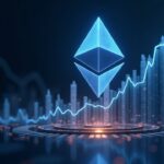 Photorealistic Ethereum logo blends with rising chart, liquidity streams around institutional silhouettes, neon data glow