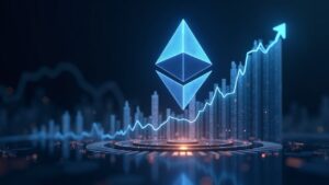 Photorealistic Ethereum logo blends with rising chart, liquidity streams around institutional silhouettes, neon data glow