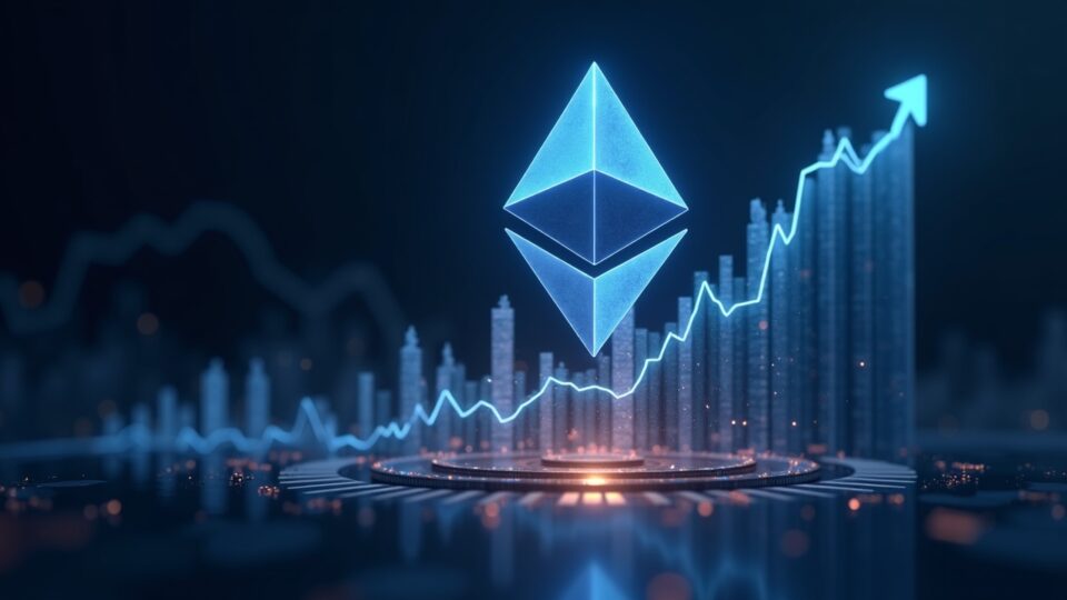 Photorealistic Ethereum logo blends with rising chart, liquidity streams around institutional silhouettes, neon data glow